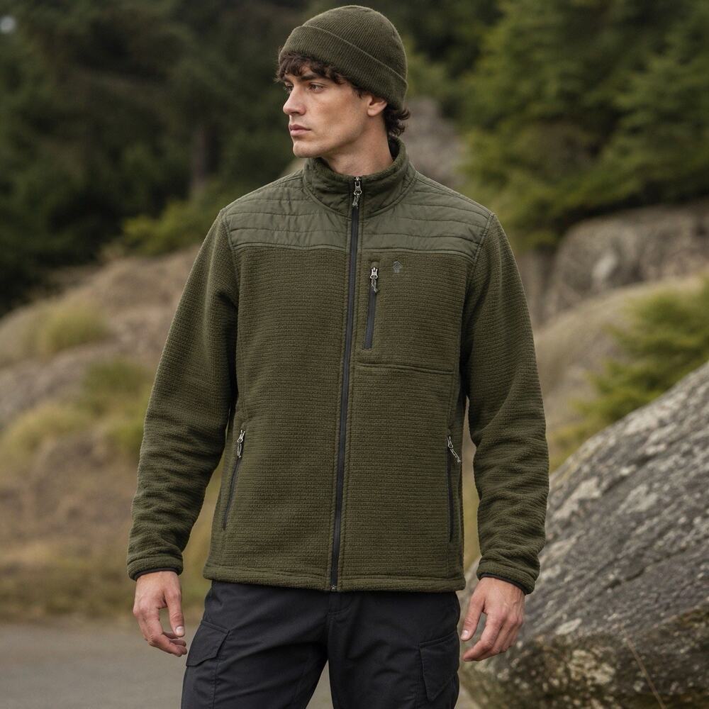 Free Country Men’s L Grid Fleece Jacket Dark Olive Gorpcore Hiking Outdoor NWT